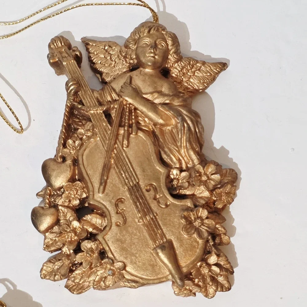 Lot of 3 Vtg Resin Plastic Angels Playing A Cello Gold Tone Christmas Ornaments